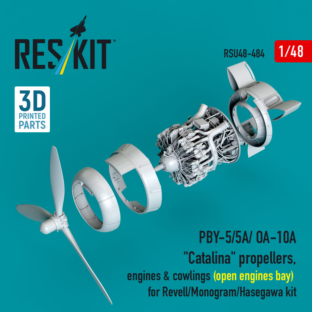 PBY-5/5A/ OA-10A Catalina propellers, engines & cowlings (open engines bay) for Revell/Monogram/Hasegawa kit (3D Printed) Scale 1:48 ResKit RSU48-0484