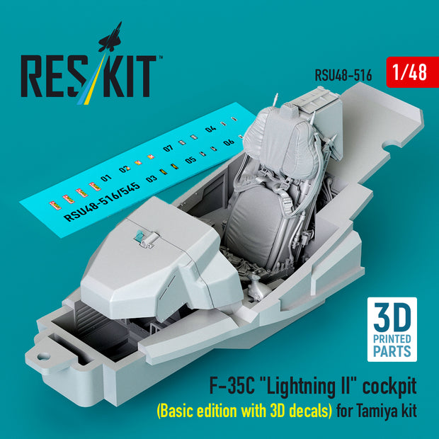 F-35C Lightning II cockpit (Basic edition with 3D decals) for Tamiya kit (3D Printed) Scale 1:48 ResKit RSU48-0516