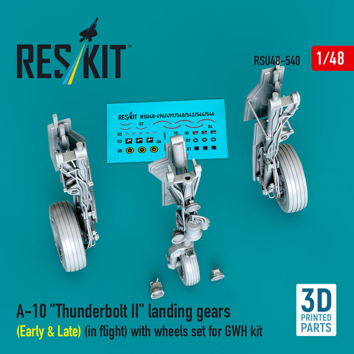 A-10 Thunderbolt II landing gears (Early & Late) (in flight) with wheels set for GWH kit (3D Printed) Scale 1:48 ResKit RSU48-0540