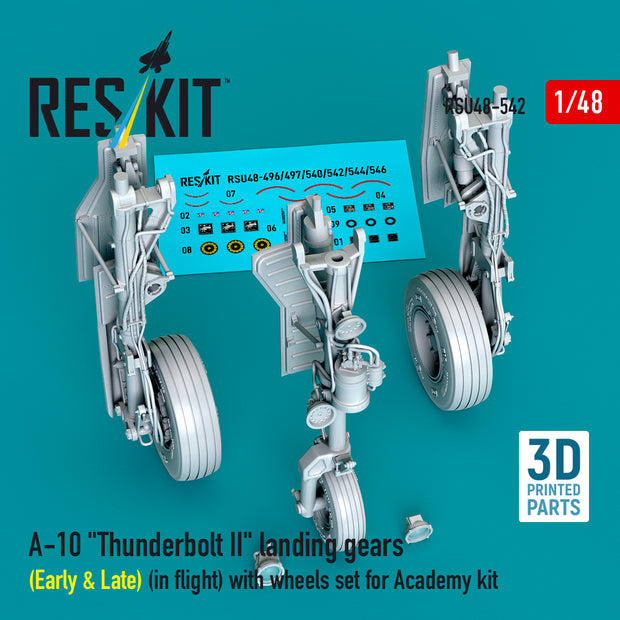 A-10 Thunderbolt II landing gears (Early & Late) (in flight) with wheels set for Academy kit (3D Printed) Scale 1:48 ResKit RSU48-0542