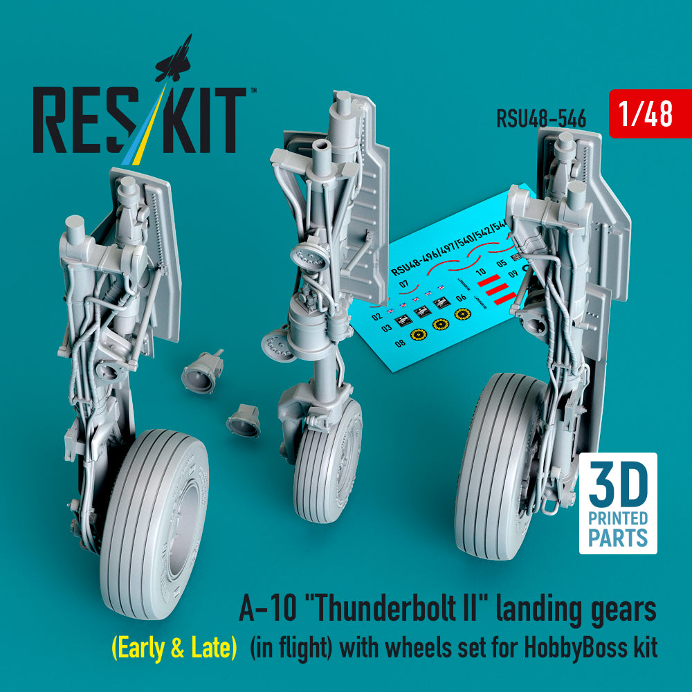A-10 Thunderbolt II landing gears (Early & Late) (in flight) with wheels set for HobbyBoss kit (3D Printed) Scale 1:48 ResKit RSU48-0546