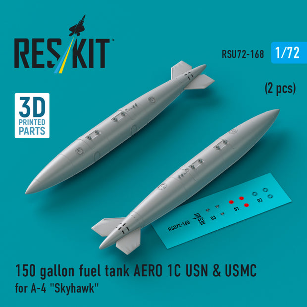 150 Gallon Fuel Tank AERO 1C USN & USMC (2 pcs) for Douglas A-4 Skyhawk (3D Printed) Scale 1:72 ResKit RSU72-0168 for Aircraft Model Kit