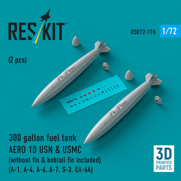 300 Gallon Fuel Tank AERO 1D USN & USMC (without fin & bobtail fin included) (2 pcs) (A-1, A-4, A-6, A-7, S-3, EA-6A) (3D Printed) Scale 1:72 ResKit RSU72-0176 for Aircraft Model Kit