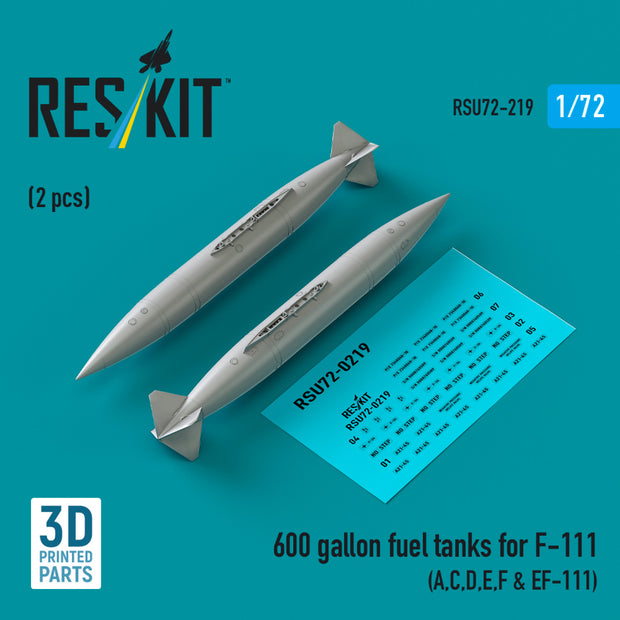 600 Gallon Fuel Tanks for F-111 (A,C,D,E,F & EF-111) (2 pcs) (3D Printed) Scale 1:72 ResKit RSU72-0219 for Aircraft Model Kit