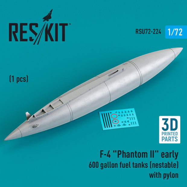 McDonnell Douglas F-4 Phantom II early 600 Gallon Fuel Tanks (nestable) with Pylon (1 pcs) (3D Printed) Scale 1:72 ResKit RSU72-0224 for Aircraft Model Kit