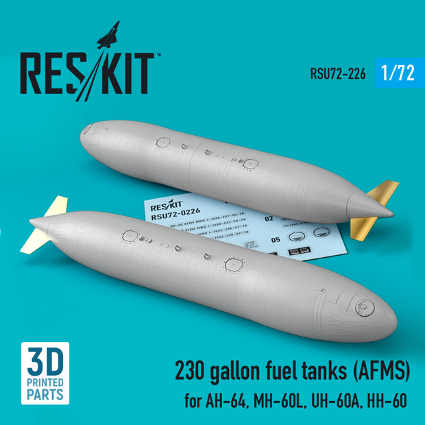 230 Gallon Fuel Tanks (AFMS) for AH-64, MH-60L, UH-60A, HH-60 (2 pcs) (3D printing) Scale 1:72 ResKit RSU72-0226 for Helicopters Model Kit
