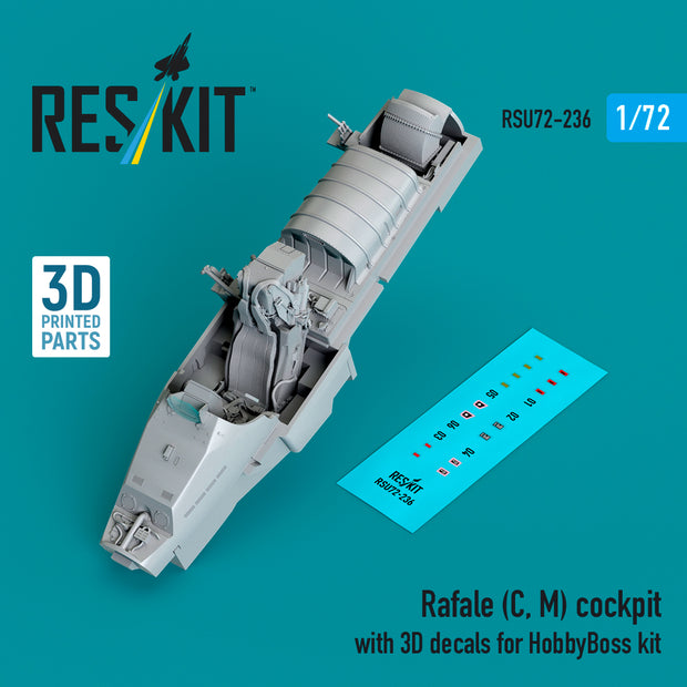 Dassault Rafale (C, M) Cockpit with 3D Decals for HobbyBoss kit (3D Printed) Scale 1:72 ResKit RSU72-0236 for Aircraft Model Kit