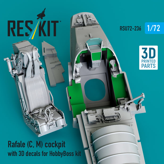 Dassault Rafale (C, M) Cockpit with 3D Decals for HobbyBoss kit (3D Printed) Scale 1:72 ResKit RSU72-0236 for Aircraft Model Kit