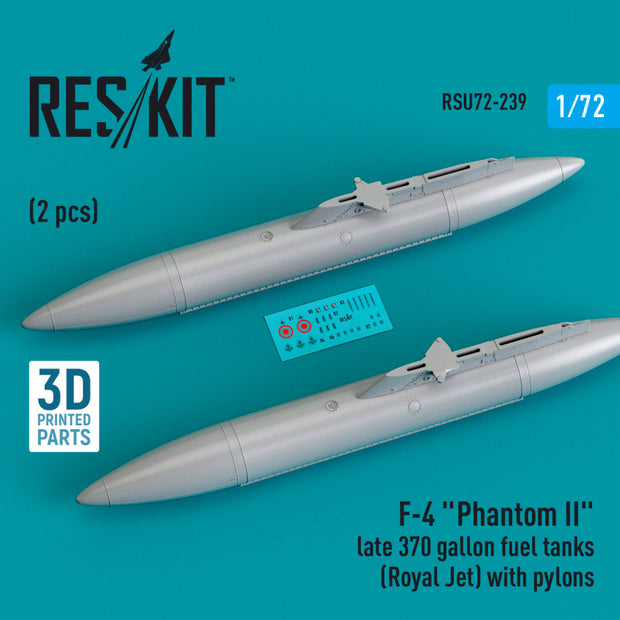 McDonnell Douglas F-4 Phantom II late 370 Gallon Fuel Tanks (Royal Jet) with Pylons (2 pcs) (3D Printed) Scale 1:72 ResKit RSU72-0239 for Aircraft Model Kit