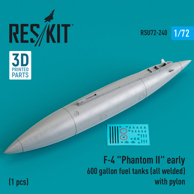 McDonnell Douglas F-4 Phantom II early 600 Gallon Fuel Tanks (all welded) with Pylon (1 pcs) (3D Printed) Scale 1:72 ResKit RSU72-0240 for Aircraft Model Kit