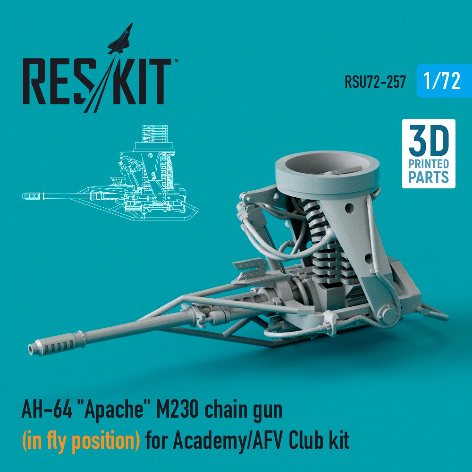 AH-64 Apache M230 Chain Gun (in fly position) for Academy / AFV Club kit (3D printing) Scale 1:72 ResKit RSU72-0257 for Helicopters Model Kit