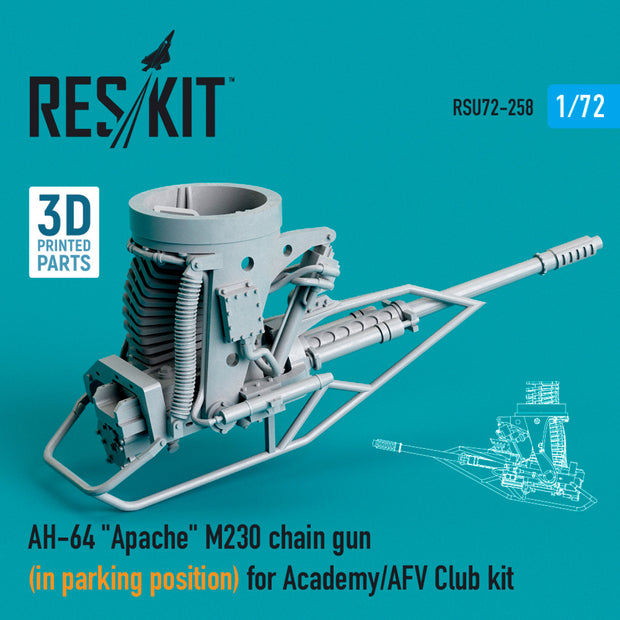 AH-64 Apache M230 Chain Gun (in parking position) for Academy / AFV Club kit (3D printing) Scale 1:72 ResKit RSU72-0258 for Helicopters Model Kit