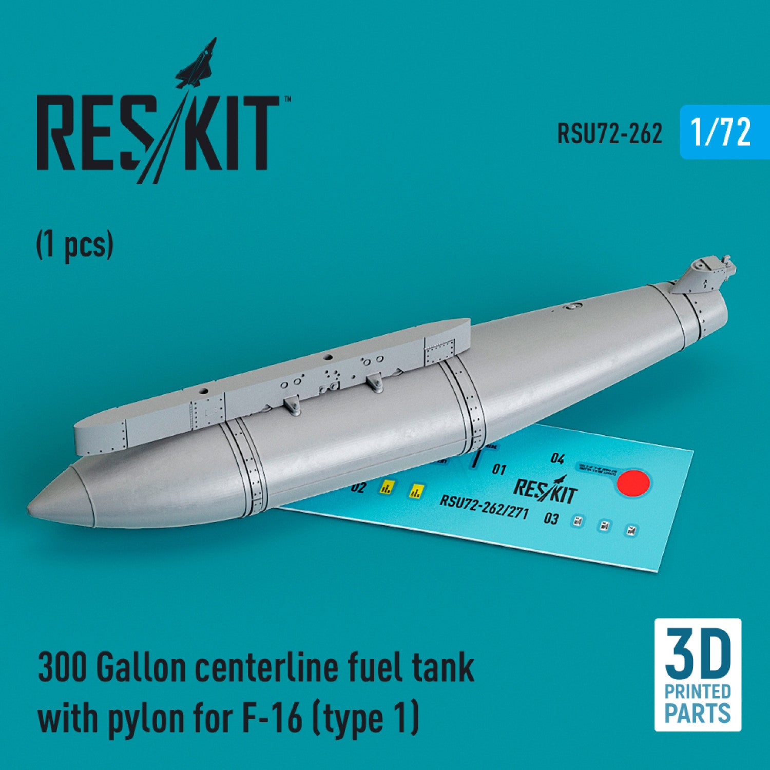 300 Gallon centerline Fuel Tank with Pylon for General Dynamics F-16 (type 1) (1 pcs) (3D Printed) Scale 1:72 ResKit RSU72-0262 for Aircraft Model Kit