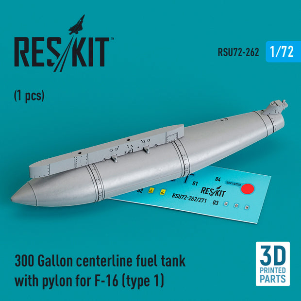300 Gallon centerline Fuel Tank with Pylon for General Dynamics F-16 (type 1) (1 pcs) (3D Printed) Scale 1:72 ResKit RSU72-0262 for Aircraft Model Kit
