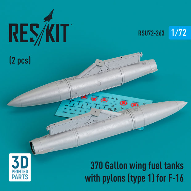 370 Gallon wing Fuel Tanks with Pylons (type 1) for General Dynamics F-16 (2 pcs) (3D Printed) Scale 1:72 ResKit RSU72-0263 for Aircraft Model Kit