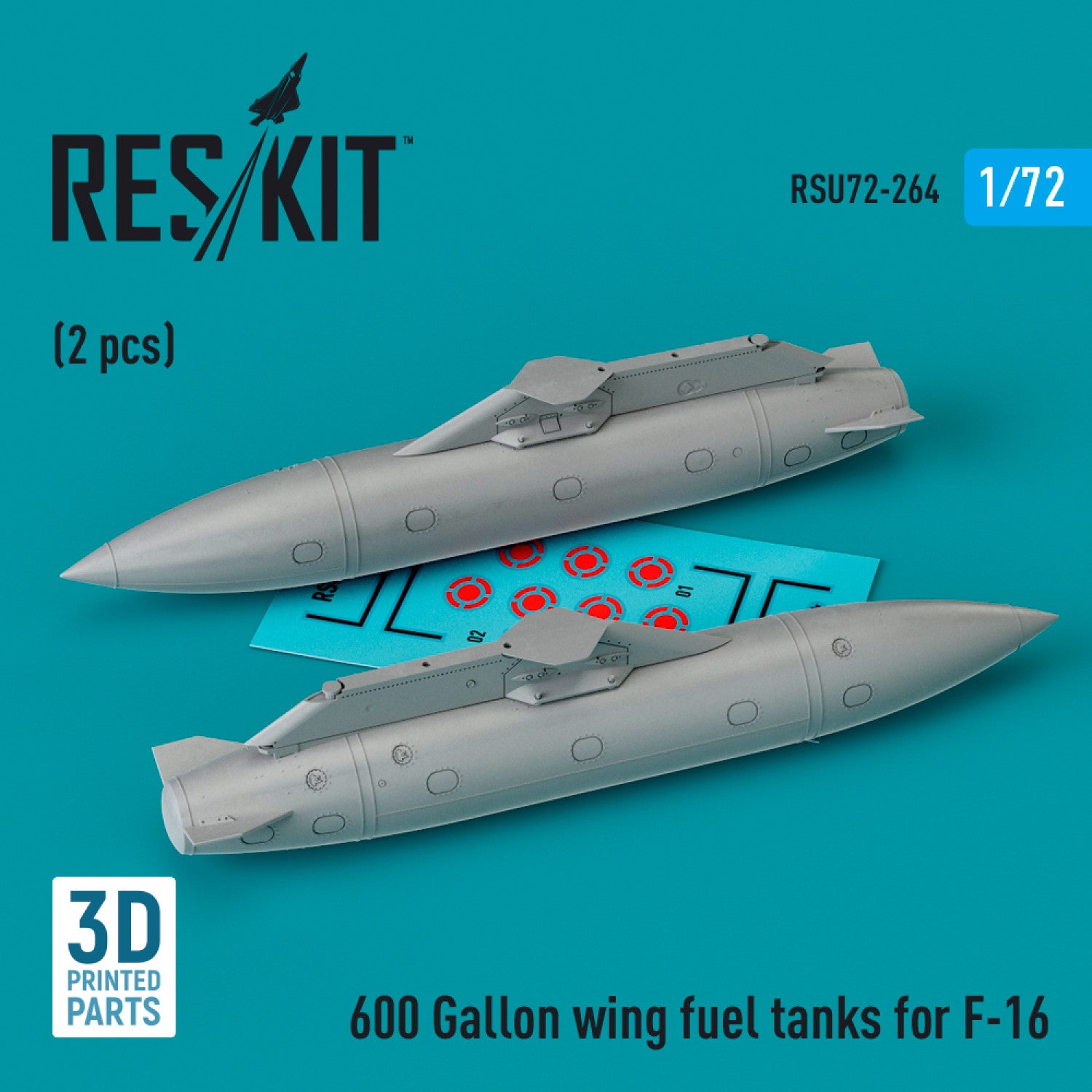 600 Gallon wing Fuel Tanks for General Dynamics F-16 (2 pcs) (3D Printed) Scale 1:72 ResKit RSU72-0264 for Aircraft Model Kit