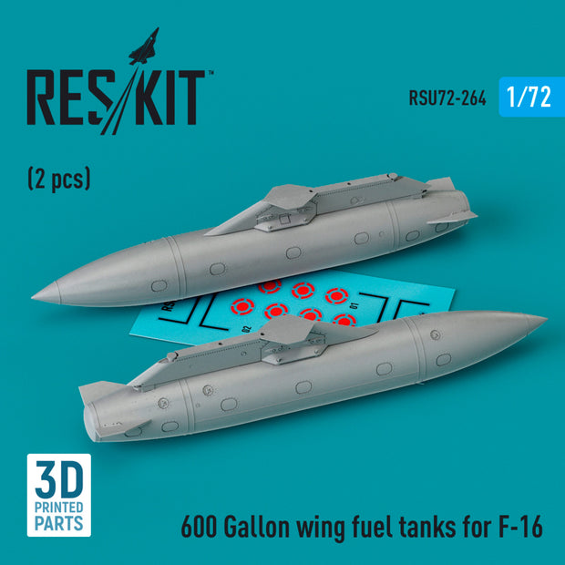 600 Gallon wing Fuel Tanks for General Dynamics F-16 (2 pcs) (3D Printed) Scale 1:72 ResKit RSU72-0264 for Aircraft Model Kit