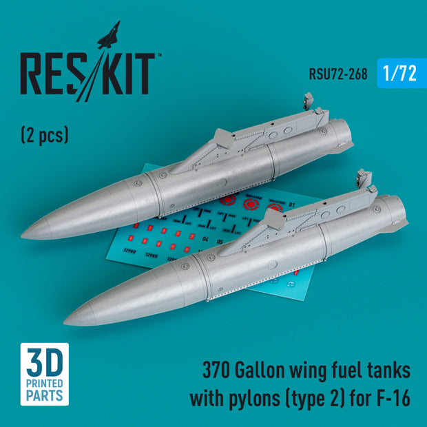 370 Gallon wing Fuel Tanks with Pylons (type 2) for General Dynamics F-16 (2 pcs) (3D Printed) Scale 1:72 ResKit RSU72-0268 for Aircraft Model Kit