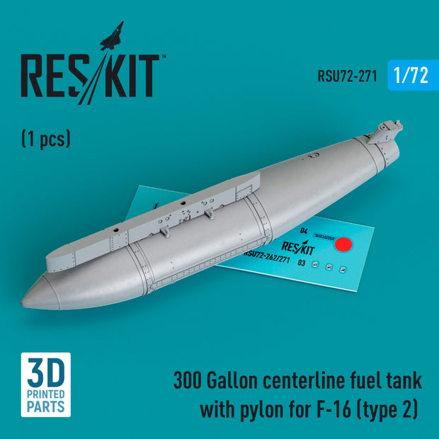 300 Gallon centerline Fuel Tank with Pylon for General Dynamics F-16 (type 2) (1 pcs) (3D Printed) Scale 1:72 ResKit RSU72-0271 for Aircraft Model Kit