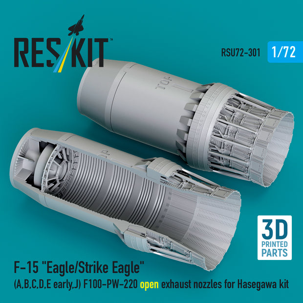 F‑15 Eagle/Strike Eagle (A, B, C, D, E early, J) F100-PW-220 open exhaust nozzles for Hasegawa kit (3D Printed) Scale 1:72 ResKit RSU72-0301
