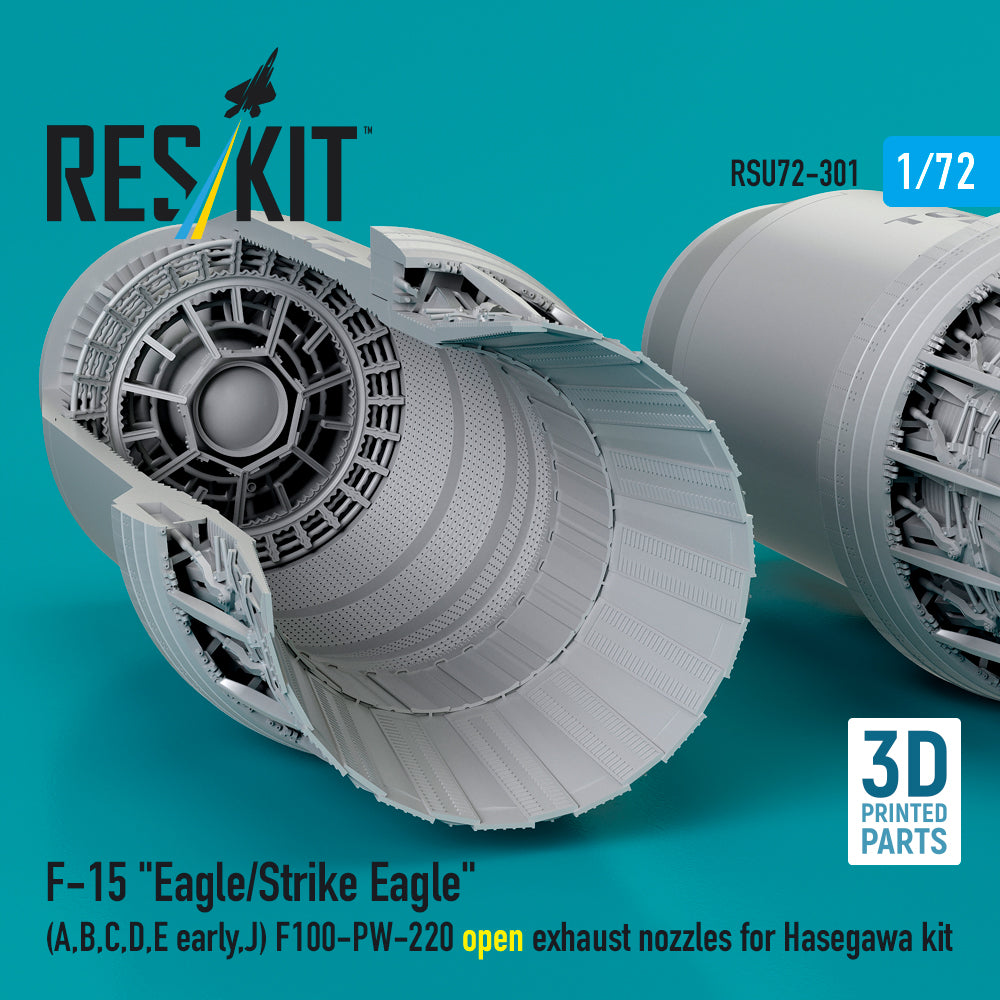 F‑15 Eagle/Strike Eagle (A, B, C, D, E early, J) F100-PW-220 open exhaust nozzles for Hasegawa kit (3D Printed) Scale 1:72 ResKit RSU72-0301