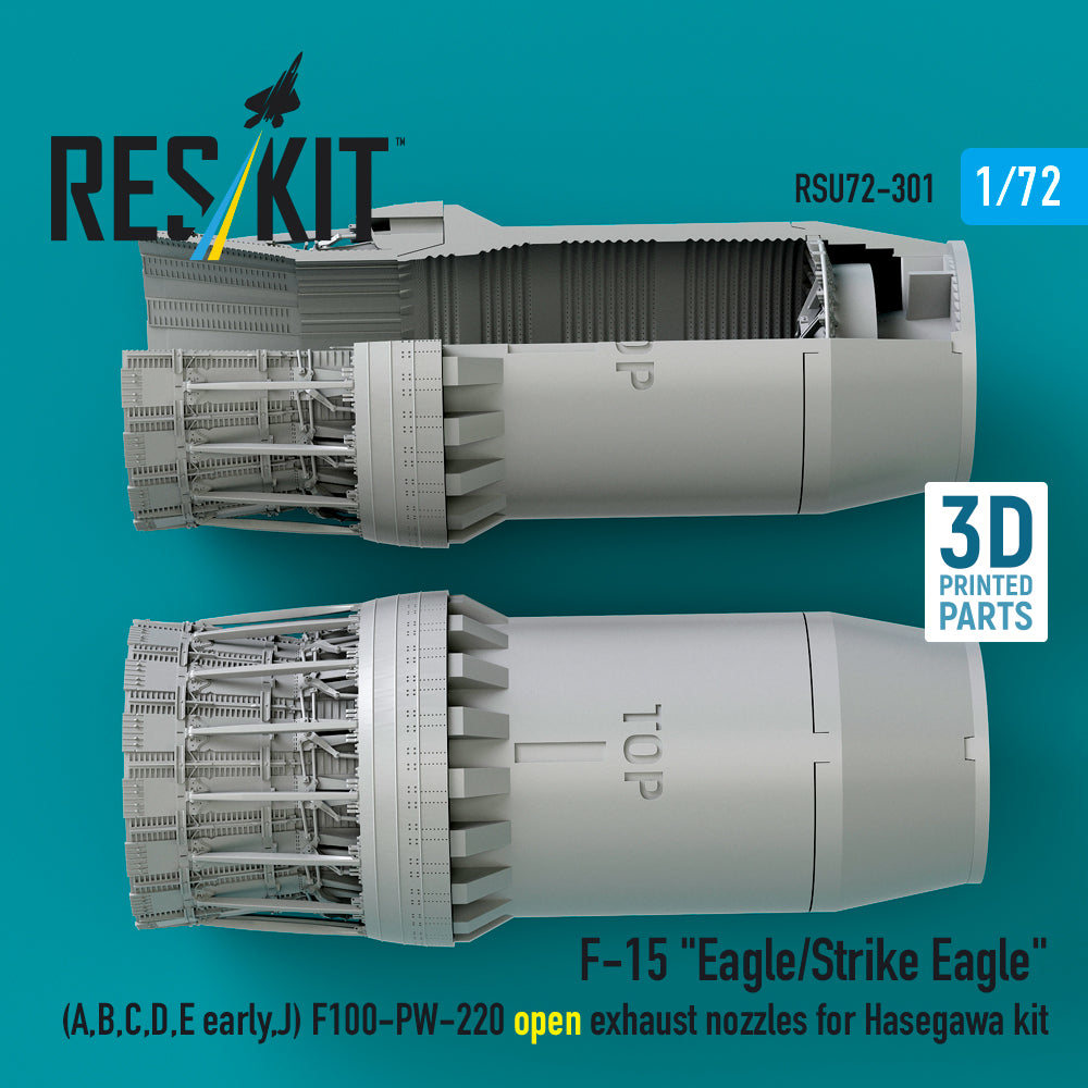 F‑15 Eagle/Strike Eagle (A, B, C, D, E early, J) F100-PW-220 open exhaust nozzles for Hasegawa kit (3D Printed) Scale 1:72 ResKit RSU72-0301