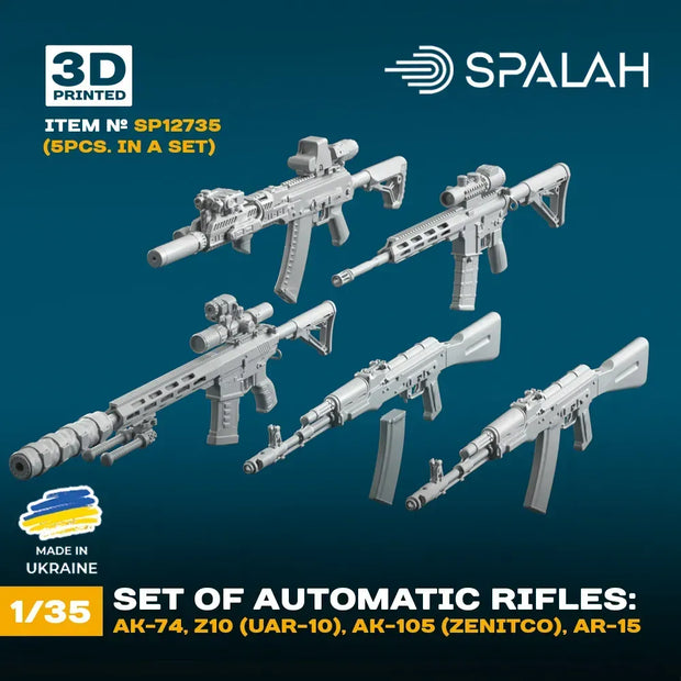 Spalah SP12735 Automatic rifles: AK-74, AK-74 without magazine, Z10 (UAR-10), AK-105 (ZENITCO), AR-15 (5 pcs) Scale Model Kit 1:35