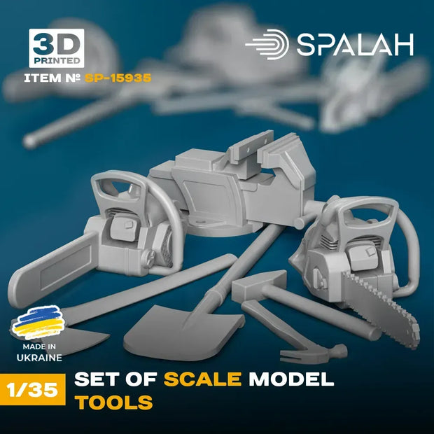 Spalah SP15935 A set of scale models Tools: a shovel, a vice, a chainsaw with and without a cover, a hammer, a sledgehammer and an ax (7 pcs) Scale 1:35