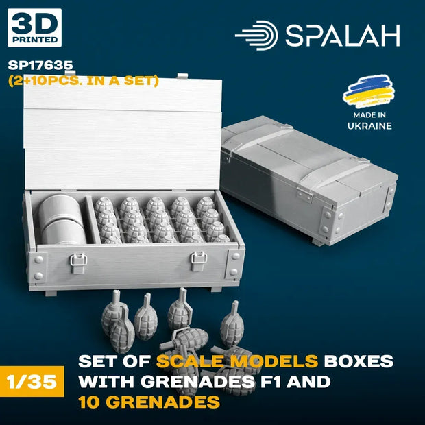 Spalah SP17635 Boxes with grenades F1 (2 pcs) and 10 Grenades Scale Model Kit 1:35 | Detailed 3D Printed Resin Kit