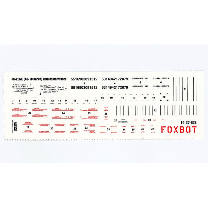 Foxbot 32-036 Decals Stencils for Missile Kh-25ML (AS-10 Karen) with death wishes, Ukranian Air Forces Scale 1:32