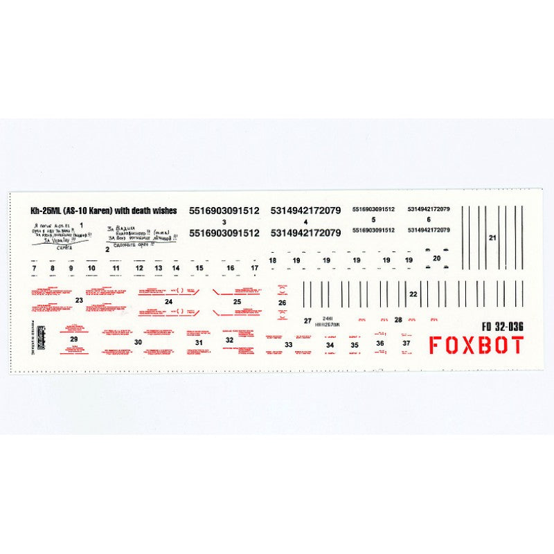 Foxbot 32-036 Decals Stencils for Missile Kh-25ML (AS-10 Karen) with death wishes, Ukranian Air Forces Scale 1:32