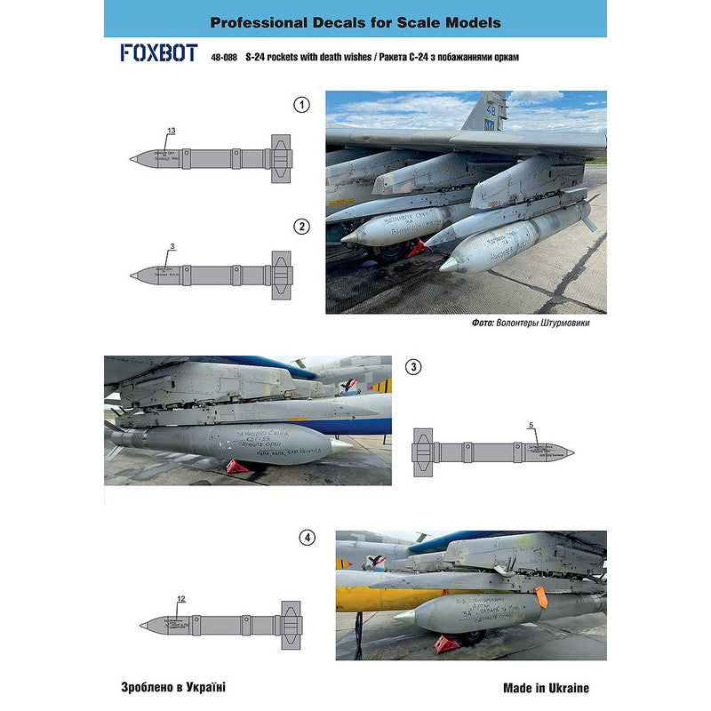 Foxbot 48-088 Decals Stencils for Missile S-24 with death wishes, Ukranian Air Forces Scale 1:48