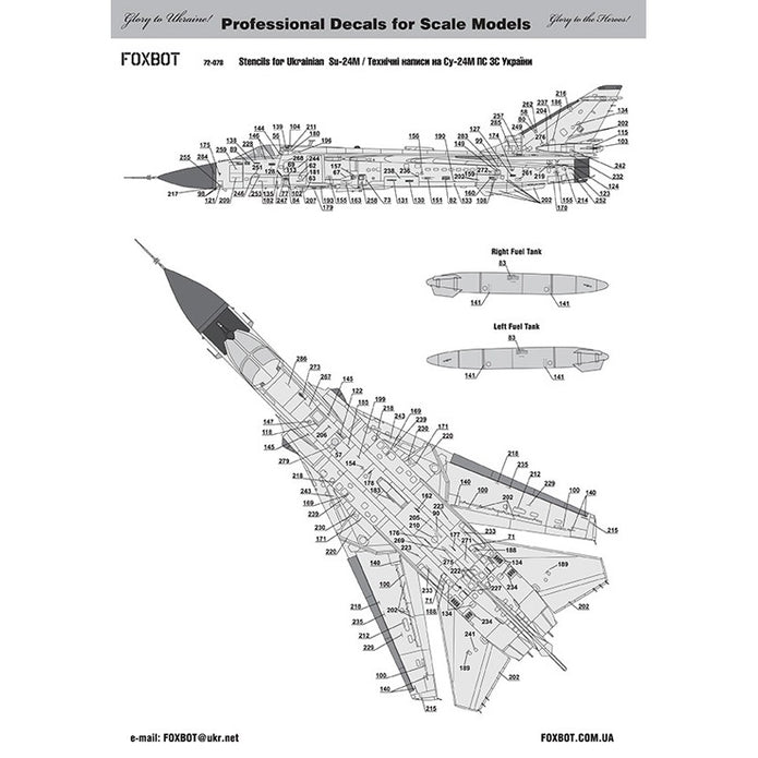 Foxbot 72-078 Decals Stencils for Sukhoi Su-24M, Ukrainian Air Force Scale 1:72 for Aircraft Plastic Model Kit