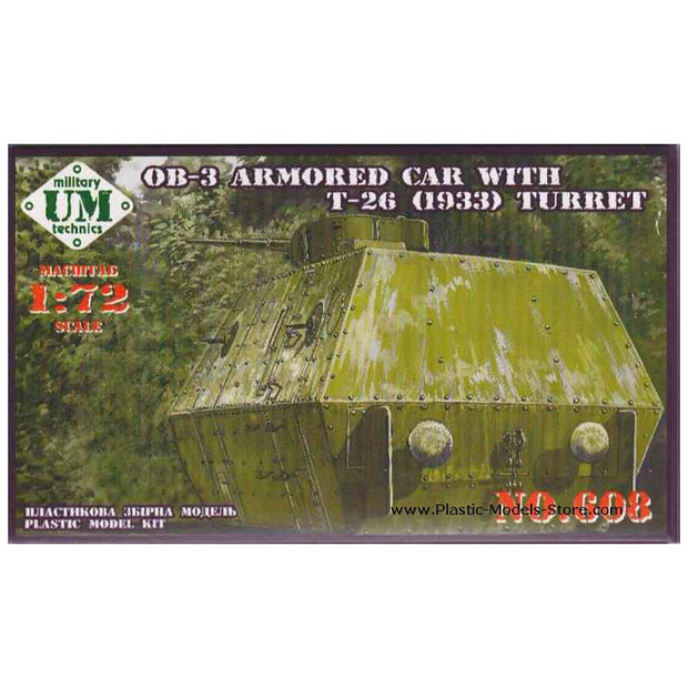 UMT 608 OB-3 armored railway car with T-26 turret Scale 1:72 Plastic Model Armoured Wagon Kit