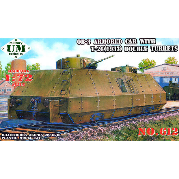 UMT 612 OB-3 armored railway car with two T-26 turrets (1933) Scale 1:72 Plastic Model Armoured Wagon Kit