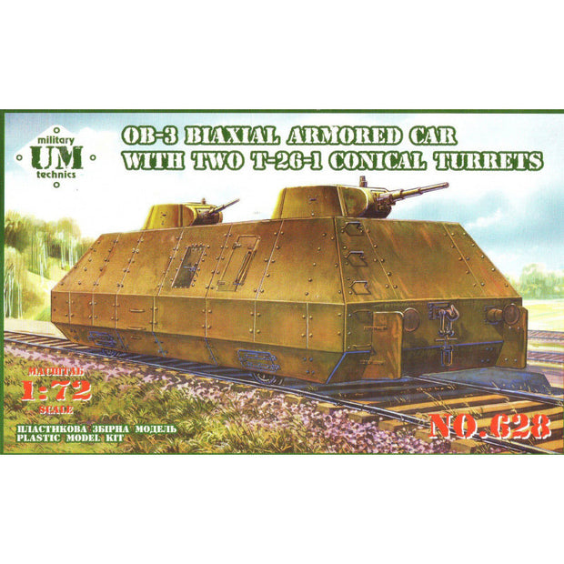 UMT 628 Biaxial armored carriages of type OB-3 with double T-26-1 conical turrets Scale 1:72 Plastic Model Armoured Wagon Kit
