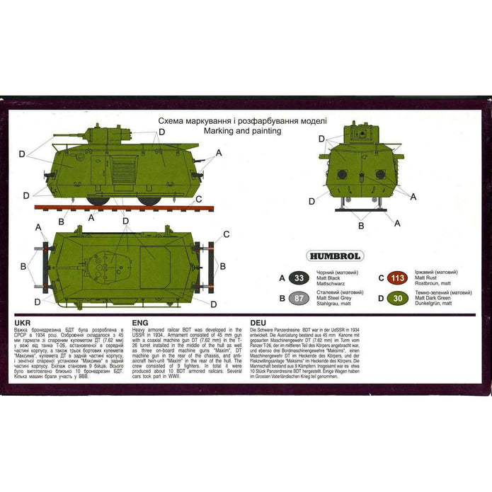 UMT 638 Heavy Armored Railcar BDT Scale 1:72 Plastic Model Armoured Wagon Kit