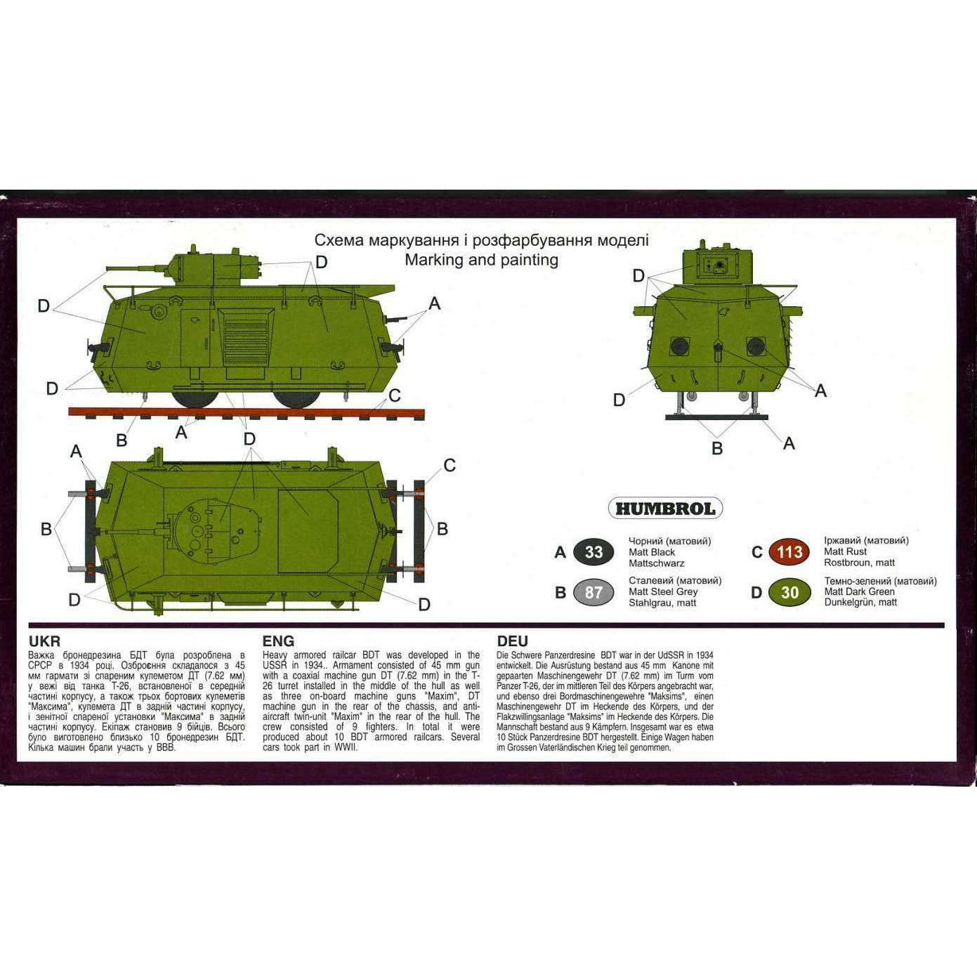 UMT 638 Heavy Armored Railcar BDT Scale 1:72 Plastic Model Armoured Wagon Kit