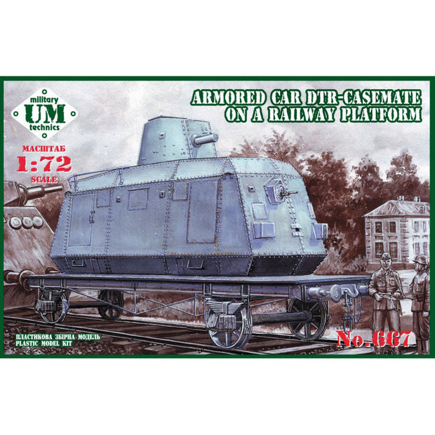 UMT 667 Armored car DTR-Casemate on a railway platform Scale 1:72 Plastic Model Armoured Wagon Kit