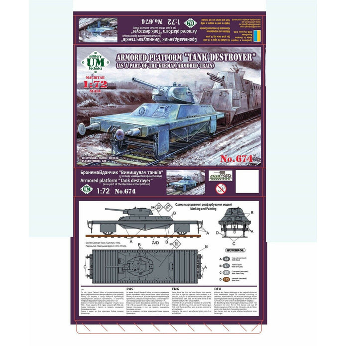 UMT 674 Armored platform "Tank destroyer" (as part of the German armored train) Scale 1:72 Plastic Model Armoured Wagon Kit