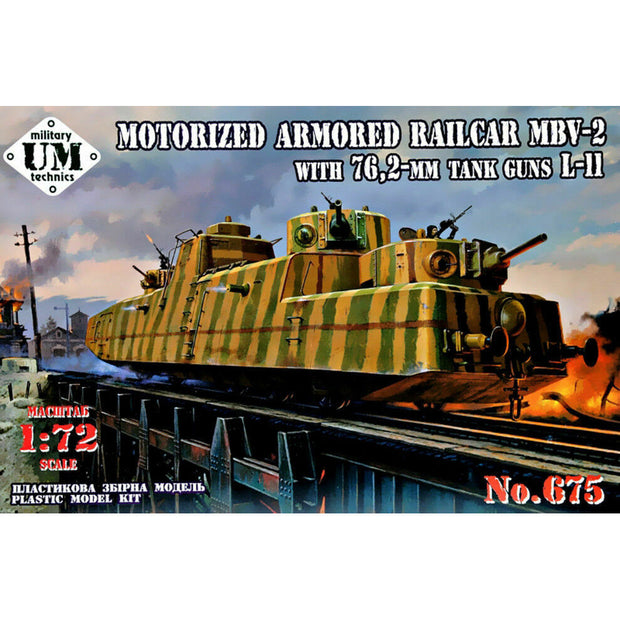 UMT 675 MBV-2В motorized armored railcar with 76,2-mm tank guns L-11 Scale 1:72 Plastic Model Armoured Wagon Kit