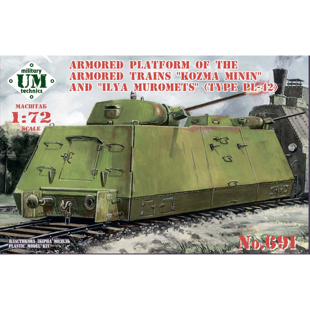 UMT 691 Armored platform of the armored trains "Kozma Minin" and "Ilya Muromets" Scale 1:72 Plastic Model Armoured Wagon Kit