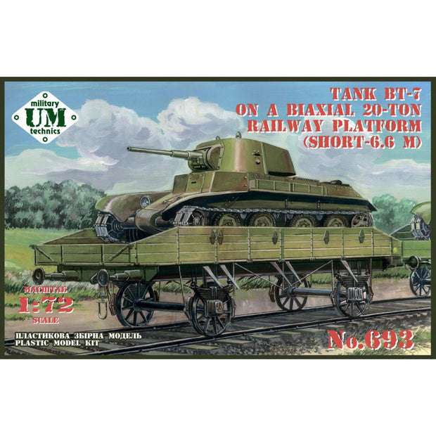 UMT 693 BT-7 tank on a biaxial 20-ton railway platform (short - 6,6m) 2 kits in box Scale 1:72 Plastic Model Tank / Armoured Wagon Kit